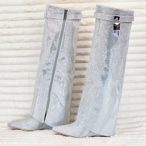 Super Sparkle Sharky Silver Rhinestone Skirted Fold Over Wedge Heel Knee Boots - Picture 5 of 12
